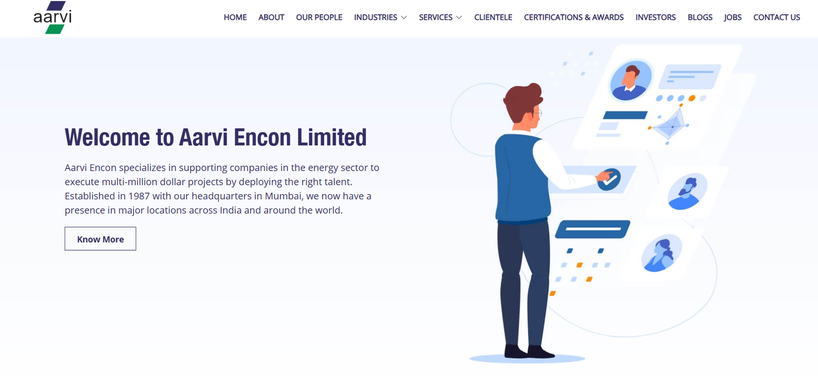 A snapshot of the Aarvi Encon webpage for telecom recruitment in India