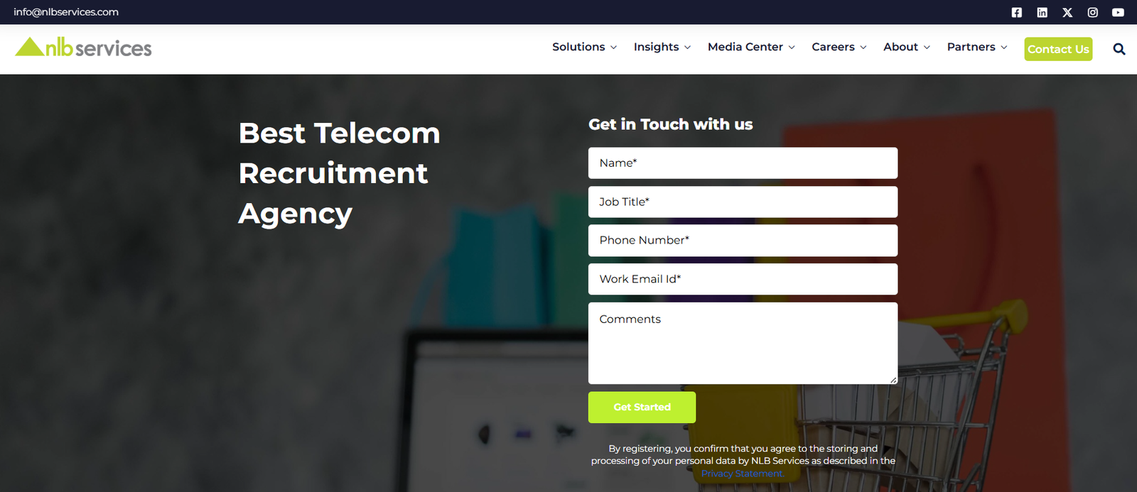 A snapshot of the NBL Services webpage for telecom recruitment in India