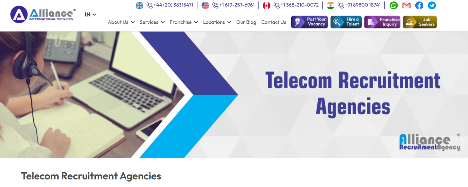 A snapshot of the Alliance Recruitment Agency webpage for telecom recruitment in India