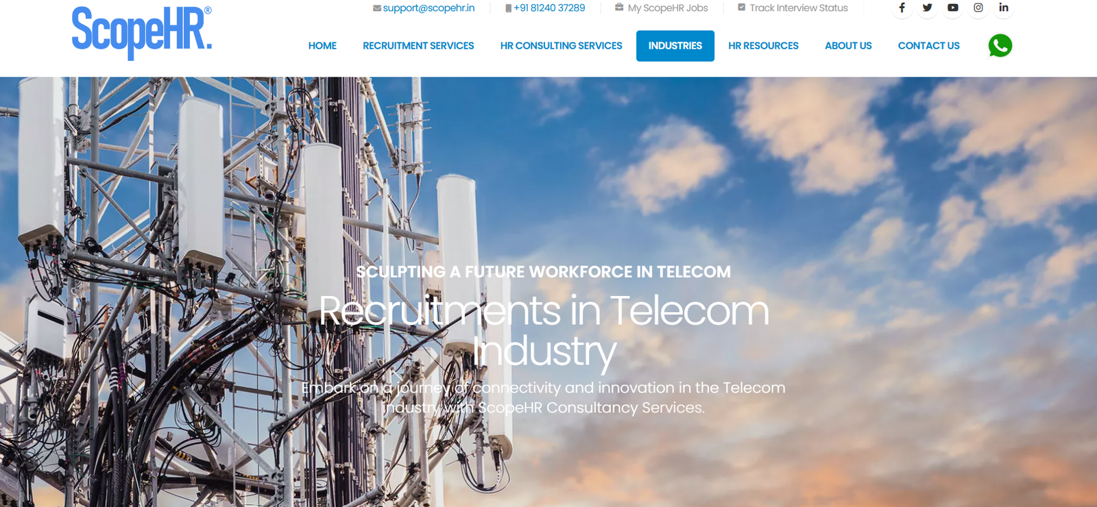 A snapshot of the ScopeHR webpage for telecom recruitment in India