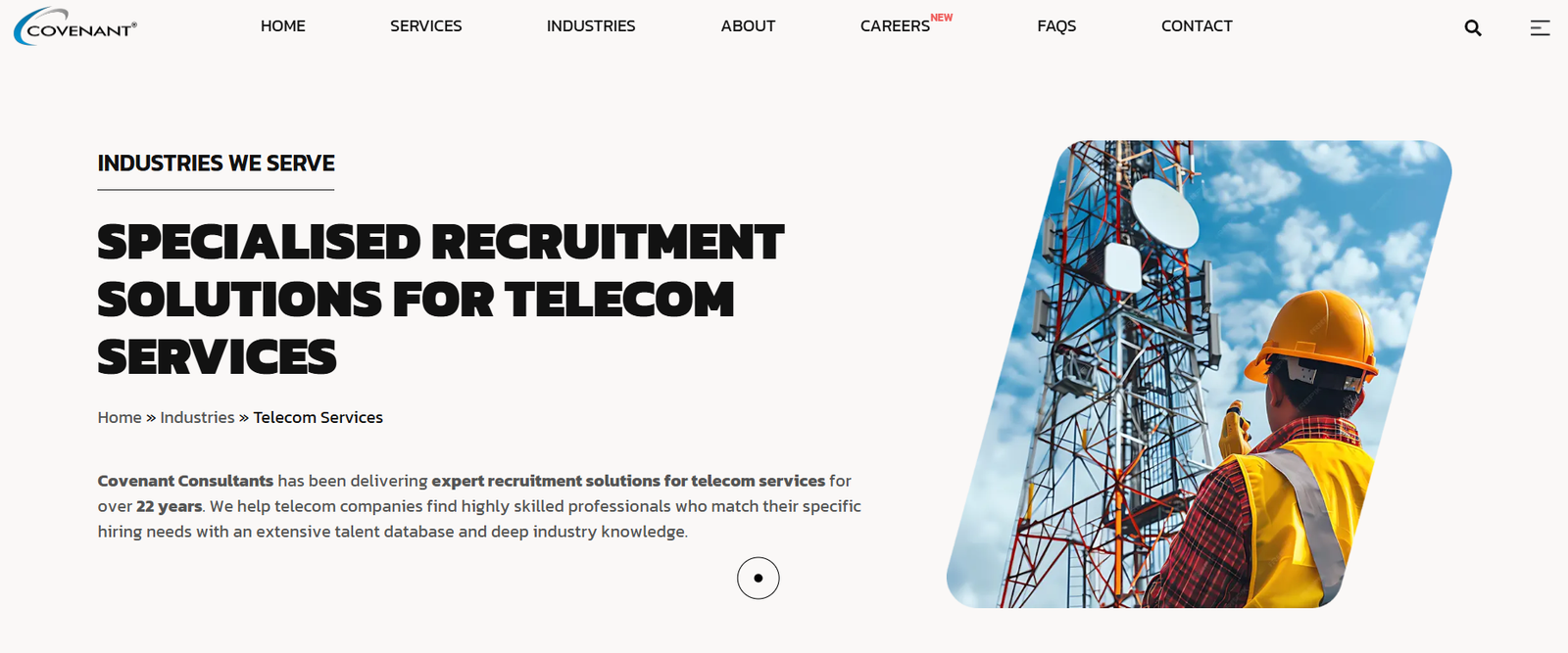 A snapshot of the Covenant webpage for telecom recruitment in India