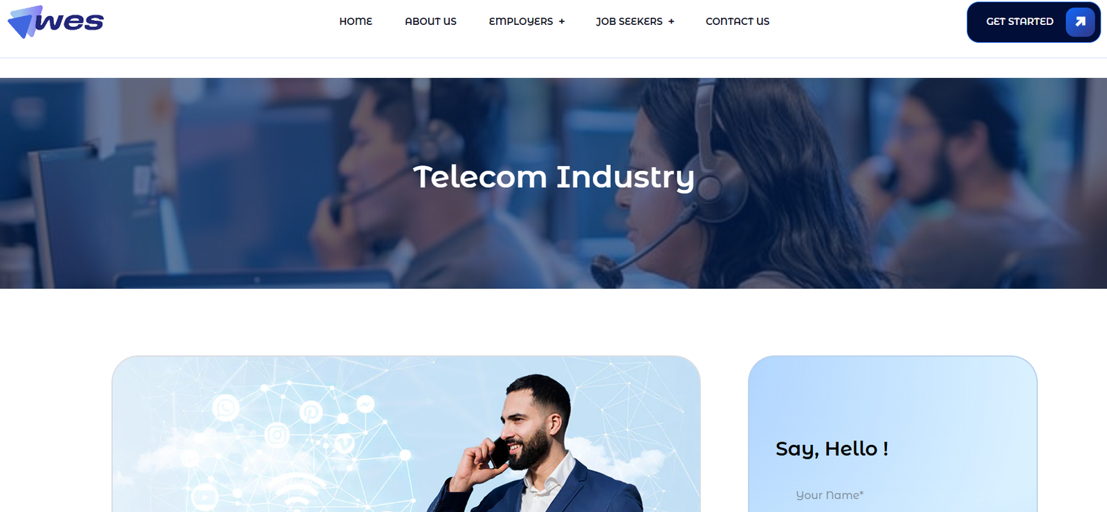 A snapshot of the WES webpage for telecom recruitment in India
