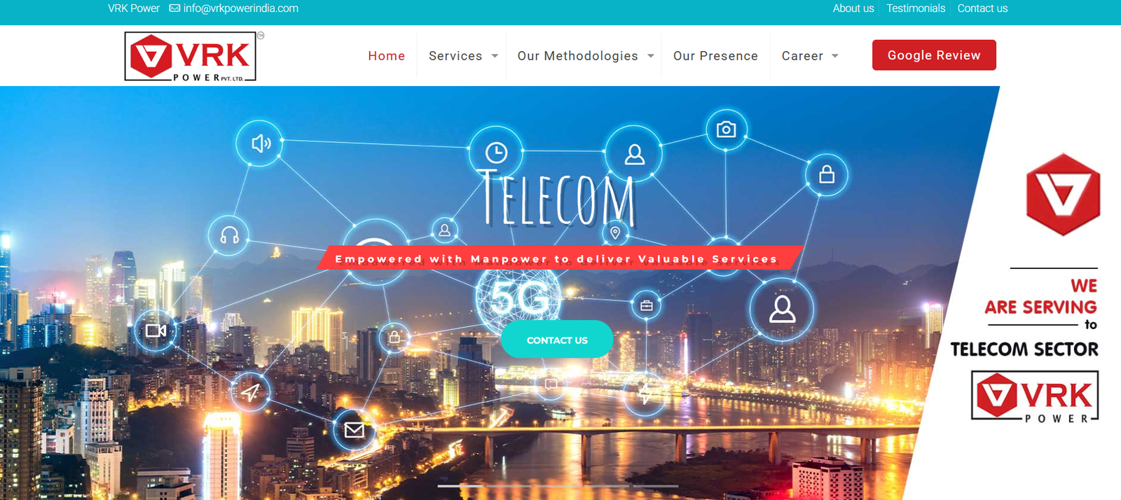 A snapshot of the VRK Power webpage for telecom recruitment in India