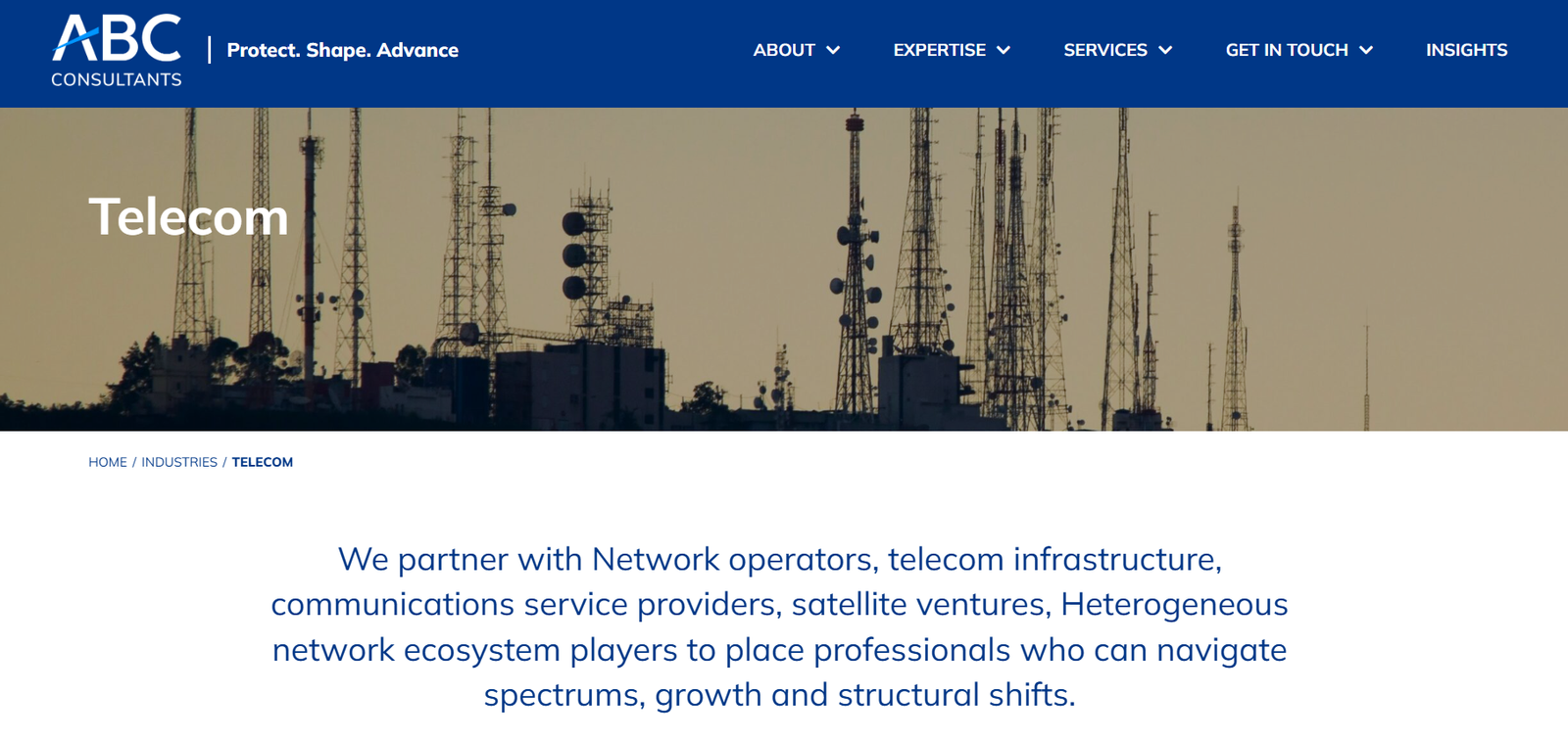 A snapshot of the ABC Consultants webpage for telecom recruitment in India
